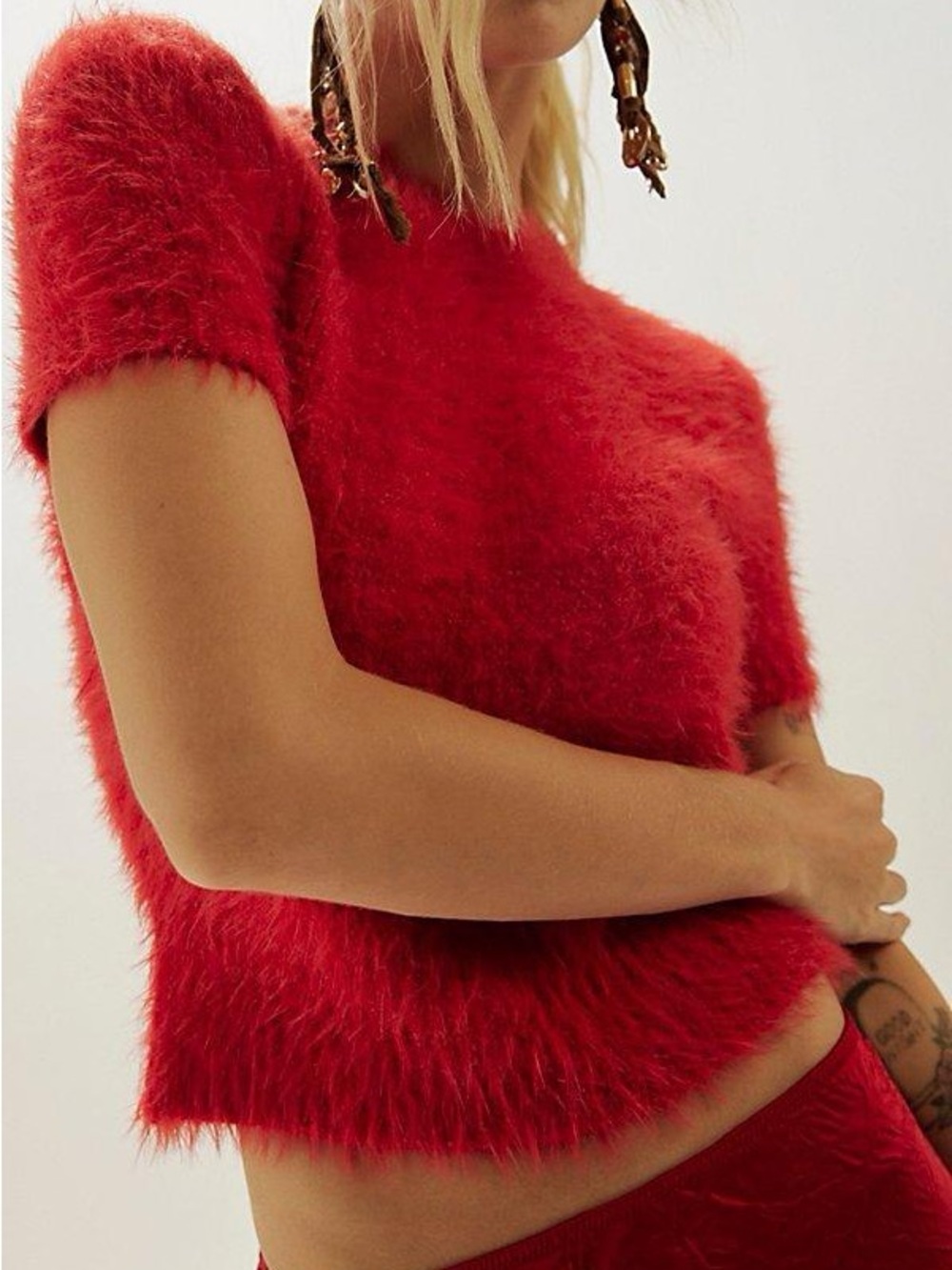 Free People Eyelash Sweater Fuzzy Short Sleeve Top in Berry